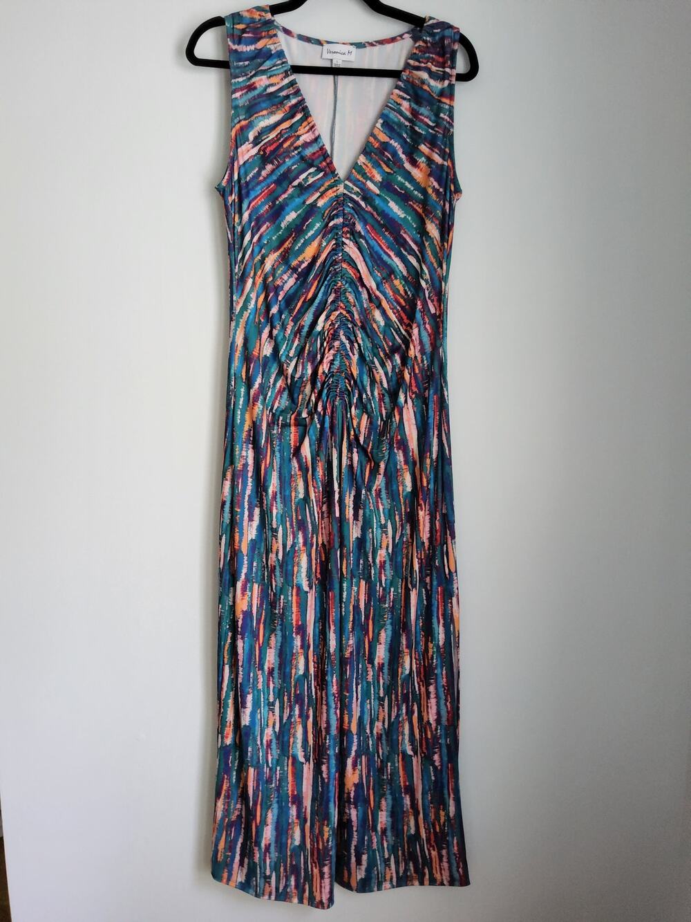 Veronica M Maxi Dress L Abstract Print Ruched V Neck Sleeveless